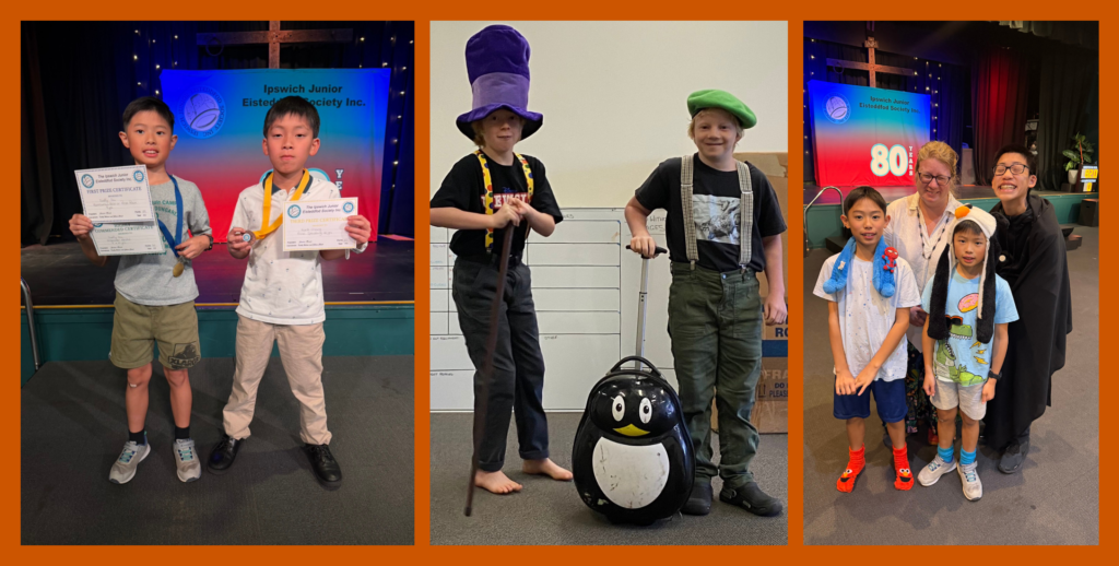 Collage of Speech and Drama students: certificate presentation, eisteddfod costumes, and a classroom balloon activity